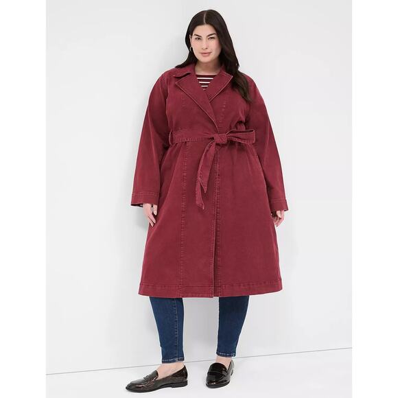 Lane Bryant Denim Trench Coat Women's Size 30/32 5X Plus Washed Red Tie Waist - Picture 1 of 12